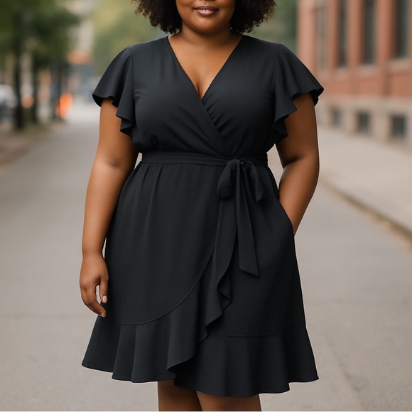 NWOT CITY CHIC Women's V Neck Black Faux Wrap Ruffled Dress Plus Size 3X - Picture 1 of 17